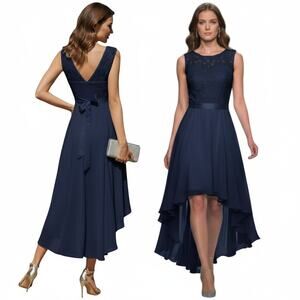 BeryLove Formal Dress Women's Sz L Navy Blue Lace A-Line Asymmetrical Hi-Low Hem